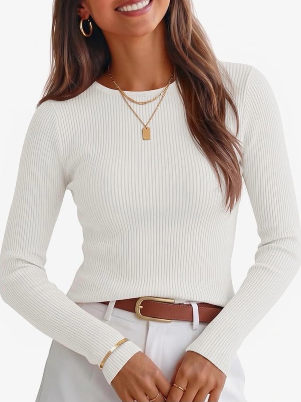 Zesica Ribbed Crewneck Top in Ivory
